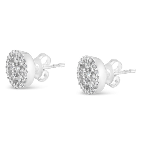 Pair of silver stud earrings with clear gemstones on a white background