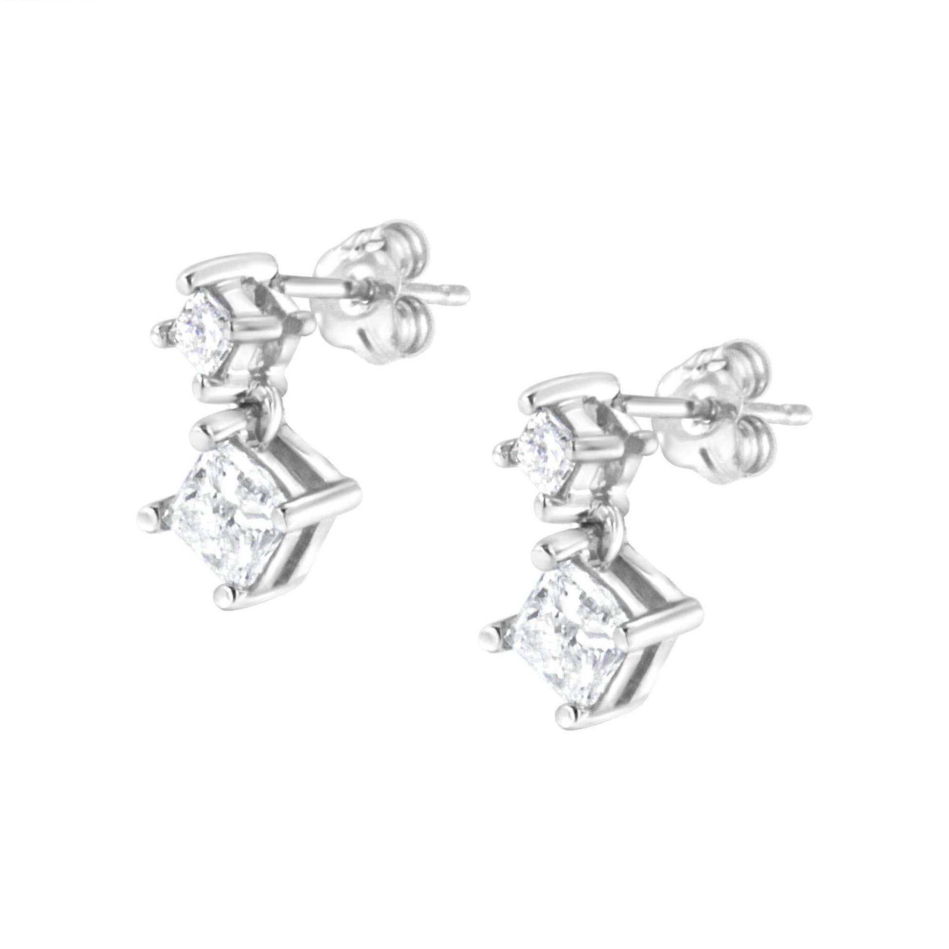 14K White Gold 1.0 Cttw Princess-Cut Double Diamond Drop Stud Earrings for Women (H-I Color, I1-I2 Clarity) - Bijoux-NYC Direct