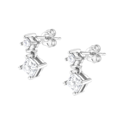 14K White Gold 1.0 Cttw Princess-Cut Double Diamond Drop Stud Earrings for Women (H-I Color, I1-I2 Clarity) - Bijoux-NYC Direct