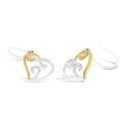 10K Two-tone Gold Round Diamond Heart Dangle Earrings (1/4 cttw, I-J Color, I2-I3 Clarity) - Bijoux-NYC Direct