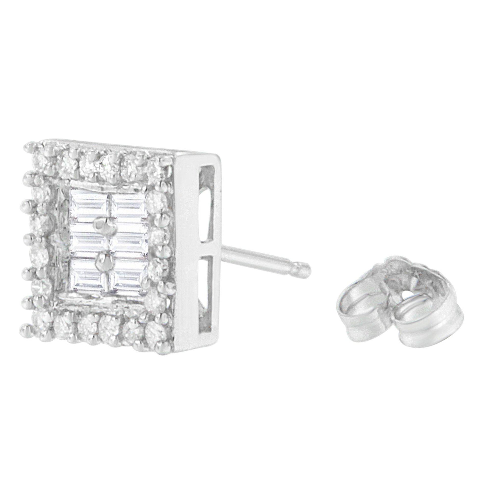 14K White Gold 1 cttw Round and Baguette Diamond Stud Earrings (H-I, SI1-SI2) - Bijoux-NYC Direct