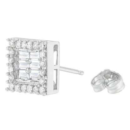 14K White Gold 1 cttw Round and Baguette Diamond Stud Earrings (H-I, SI1-SI2) - Bijoux-NYC Direct