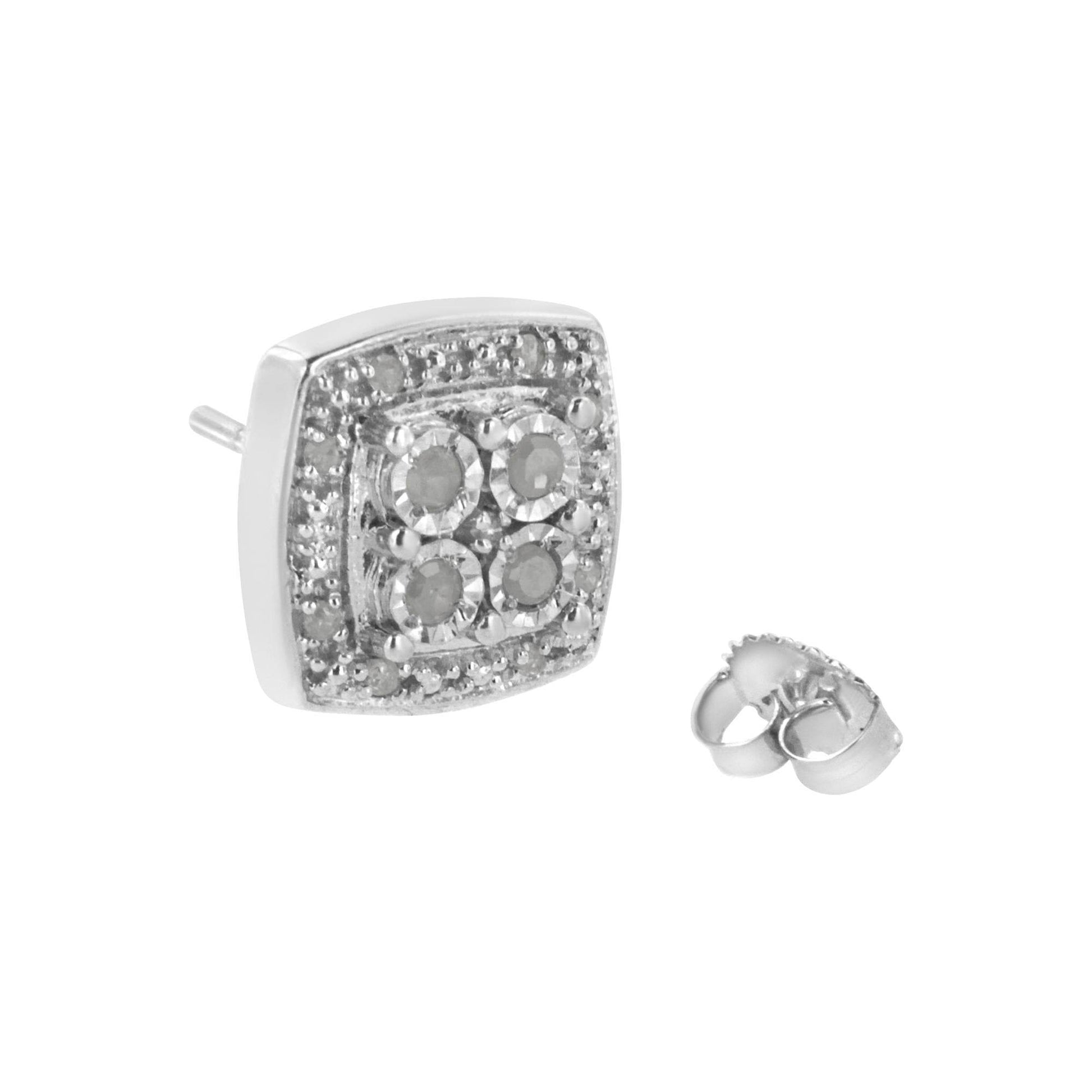.925 Sterling Silver 1/4 cttw Round Cut Diamond Square Shape Milgrain Stud Earrings (I-J Color, I3 Clarity) - Bijoux-NYC Direct