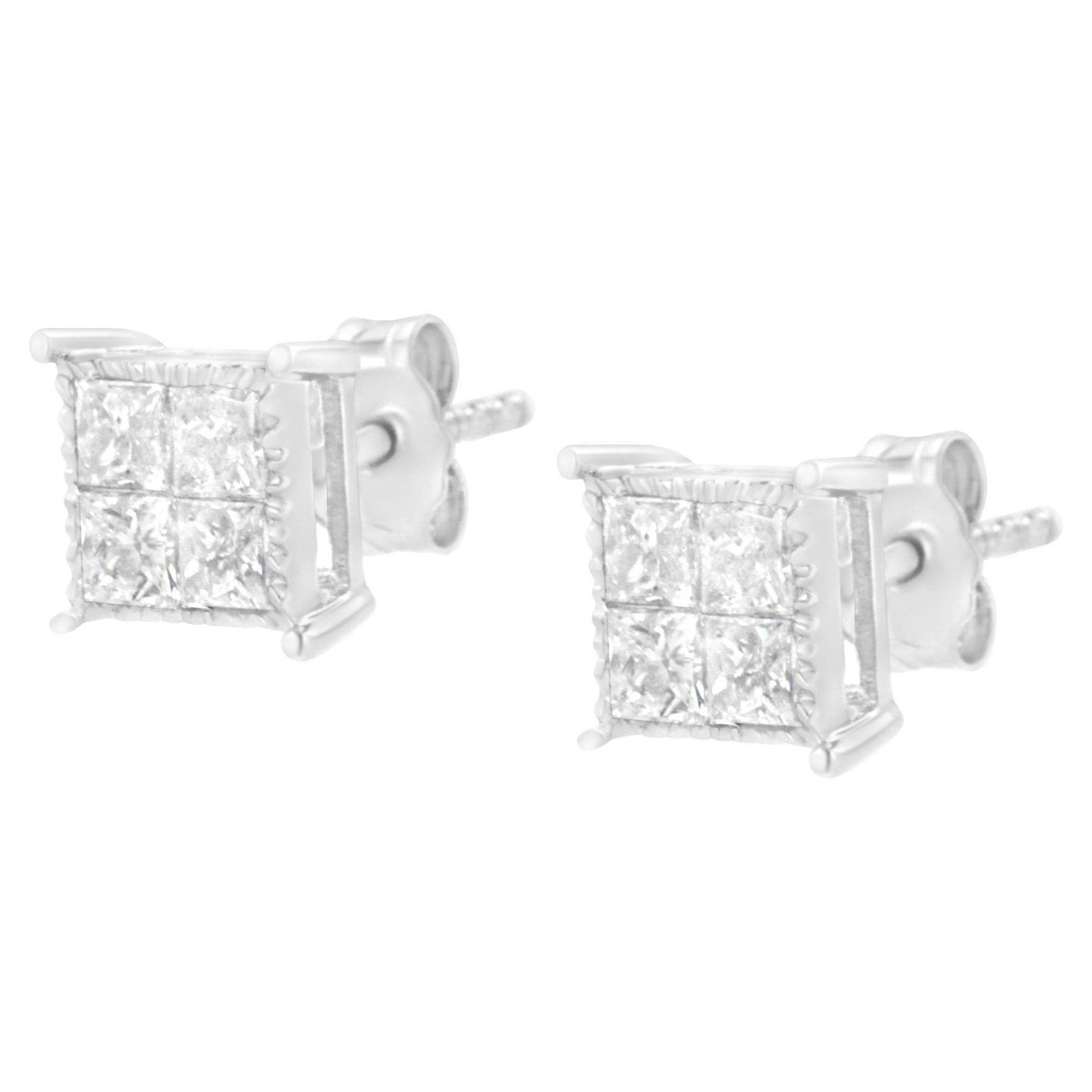 10K White Gold Square Earrings with Princess Cut Diamond (3/4 cttw, I-J Color, I2-I3 Clarity) - Bijoux-NYC Direct