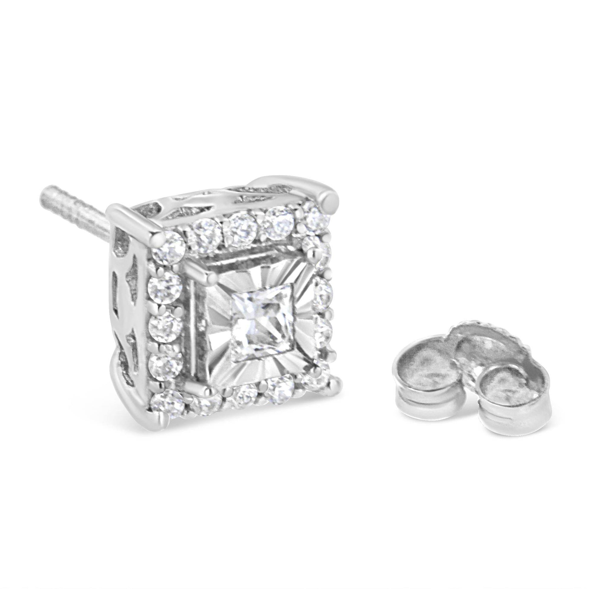 .925 Sterling Silver 1/4 Cttw Princess and Round Cut Diamond Halo Stud Earrings (I-J Color, I2-I3 Clarity) - Bijoux-NYC Direct