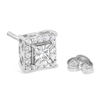 .925 Sterling Silver 1/4 Cttw Princess and Round Cut Diamond Halo Stud Earrings (I-J Color, I2-I3 Clarity) - Bijoux-NYC Direct