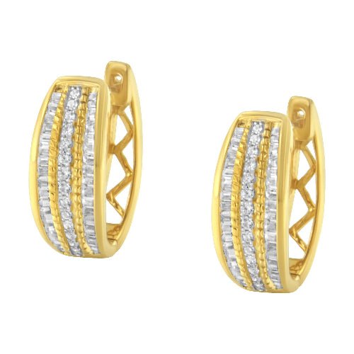 Gold hoop earrings with diamond accents on a white background