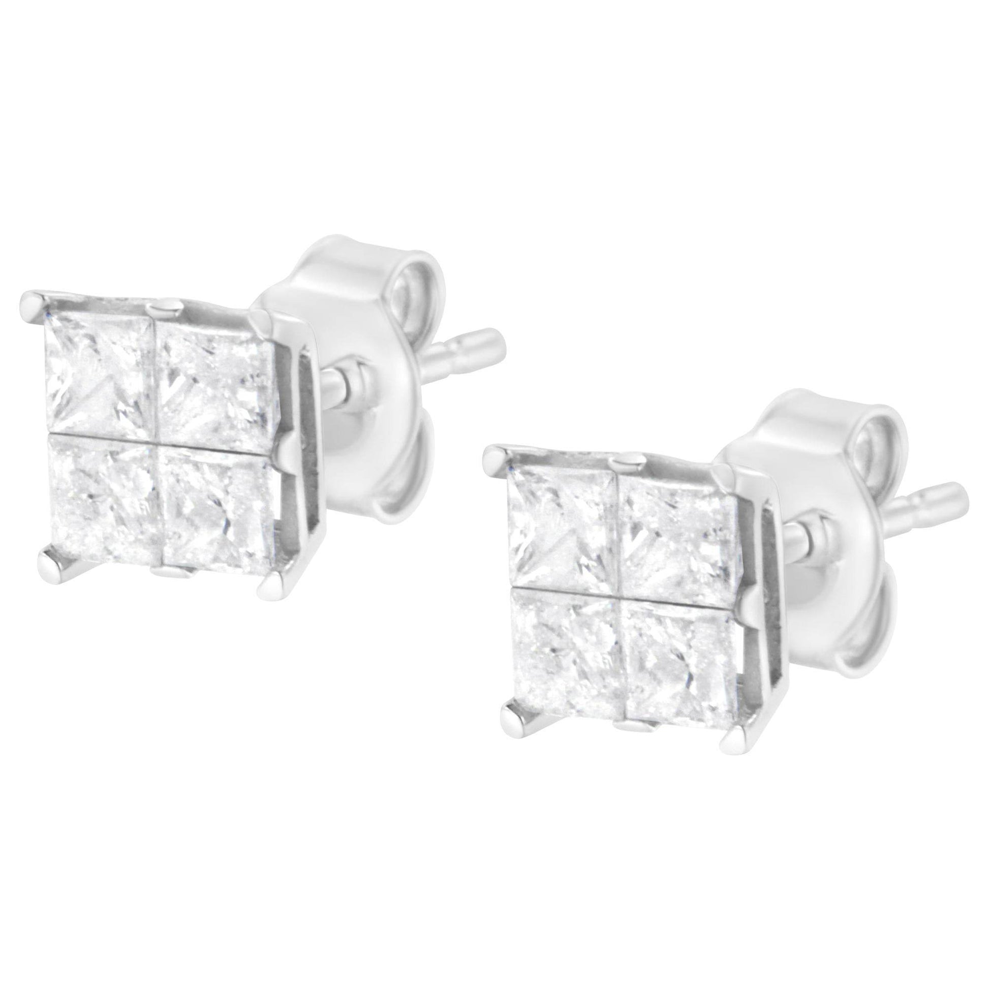 10K White Gold 1.00 cttw Invisible Set Princess-Cut Diamond Composite Square Shape Stud Earrings (G-H Color, I2-I3 Clarity) - Bijoux-NYC Direct