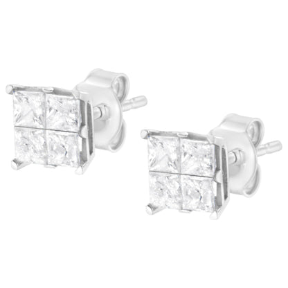 10K White Gold 1.00 cttw Invisible Set Princess-Cut Diamond Composite Square Shape Stud Earrings (G-H Color, I2-I3 Clarity) - Bijoux-NYC Direct