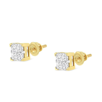 14K Yellow Gold 3/4 Cttw Invisible Set Princess-Cut Diamond 4 Stone Square Stud Earrings (J-K Color, SI2-I1 Clarity) - Bijoux-NYC Direct