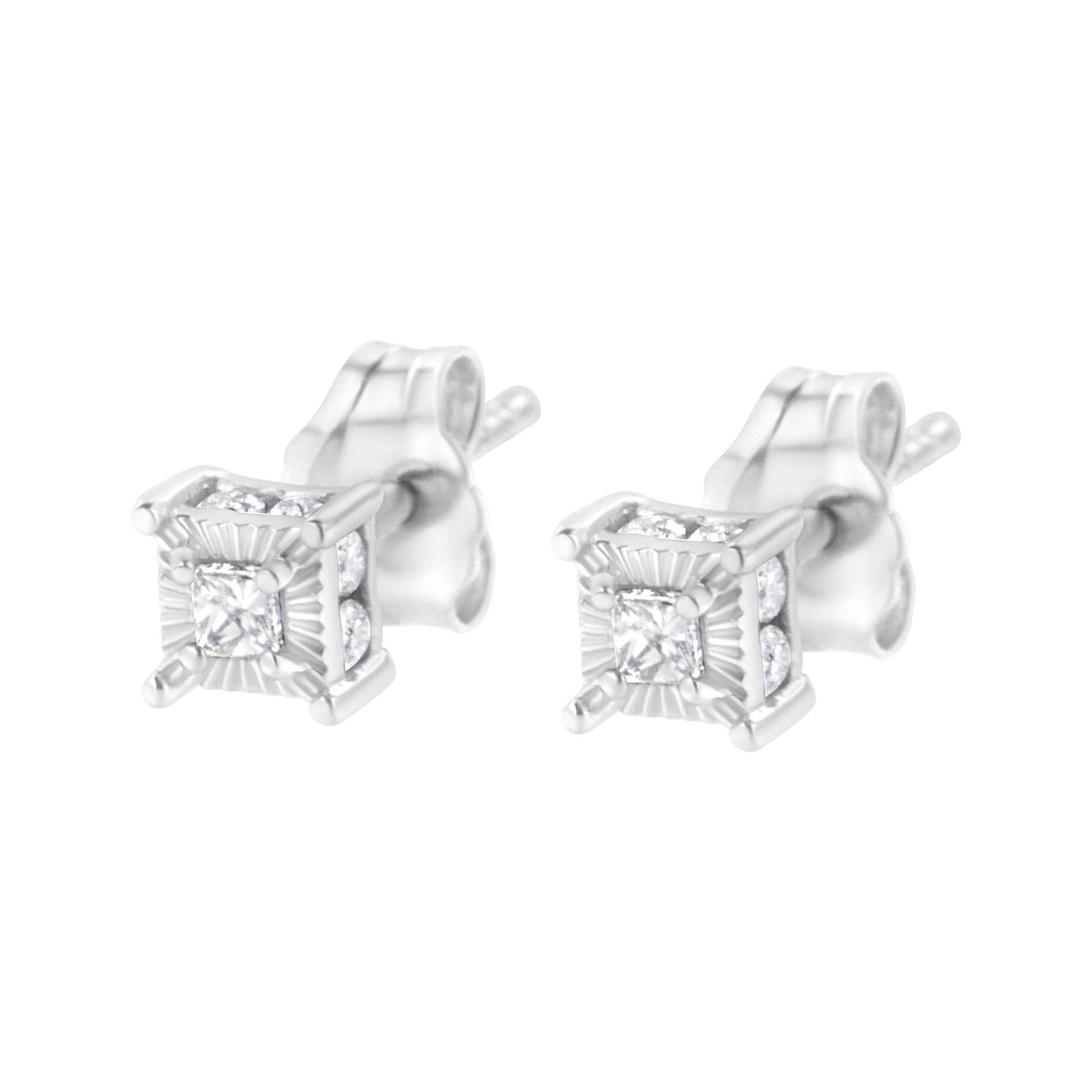 .925 Sterling Silver 1/4 Cttw Miracle Set Princess-Cut Diamond Solitaire Stud Earrings with Hidden Halo (I-J Color, SI2-I1 Clarity) - Bijoux-NYC Direct