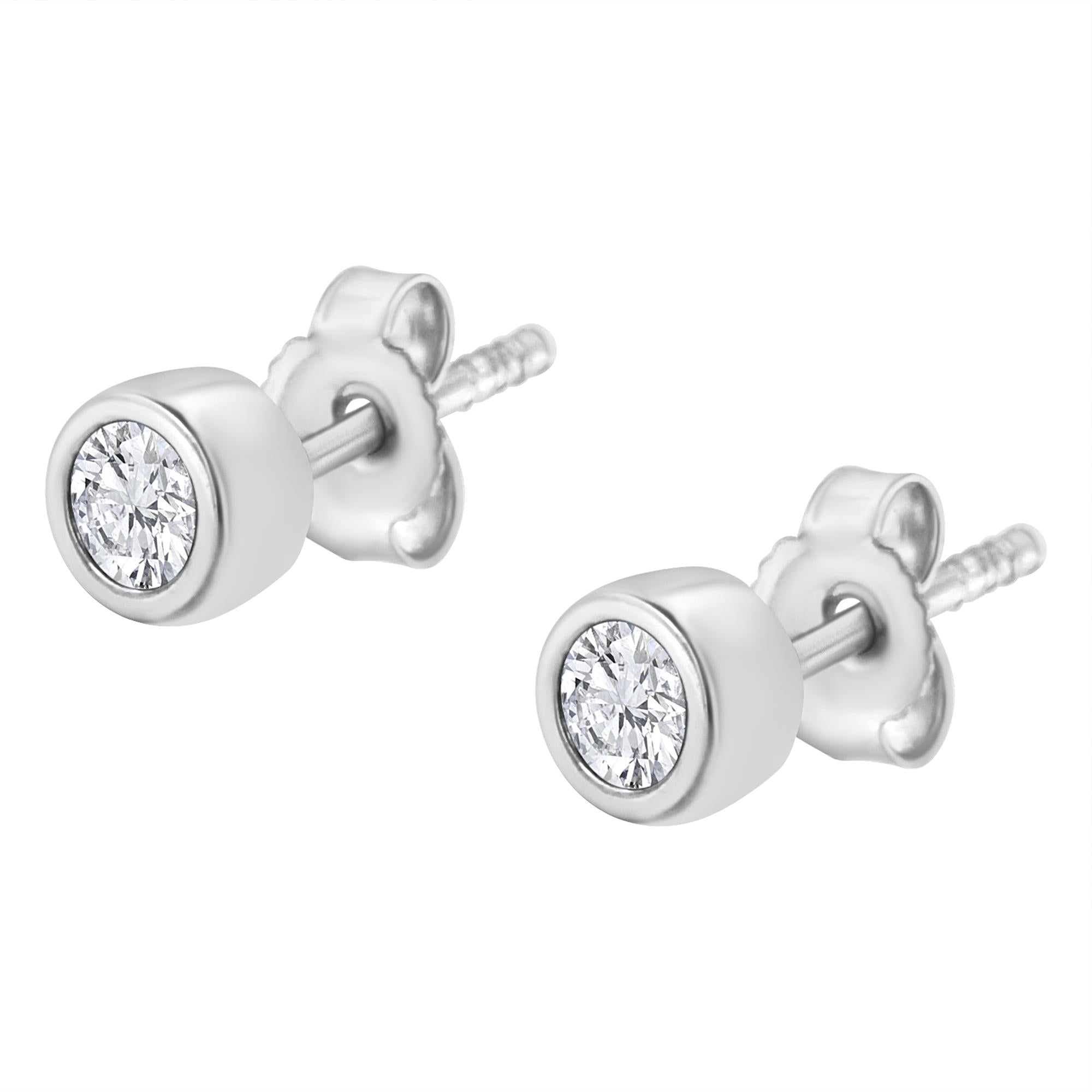 10K White Gold 1/5 Cttw Round Brilliant-Cut Near Colorless Diamond Bezel-Set Stud Earrings (H-I Color, I1-I2 Clarity) - Bijoux-NYC Direct
