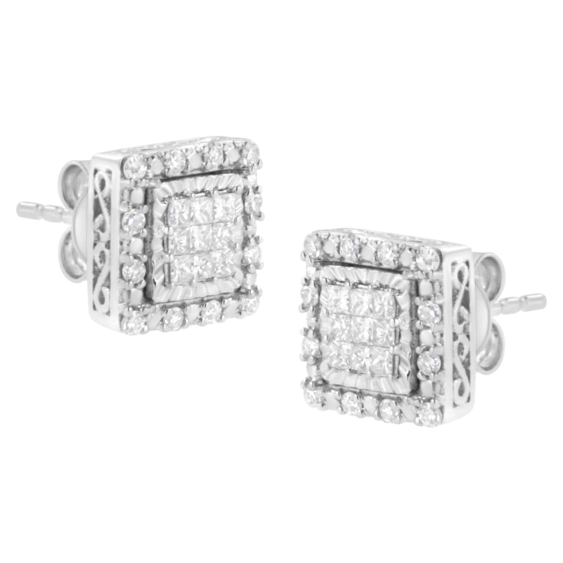 10K White Gold 1/2 cttw Invisible Set Princess-Cut Diamond Square Stud Earring (I-J Color, I1-I2 Clarity) - Bijoux-NYC Direct