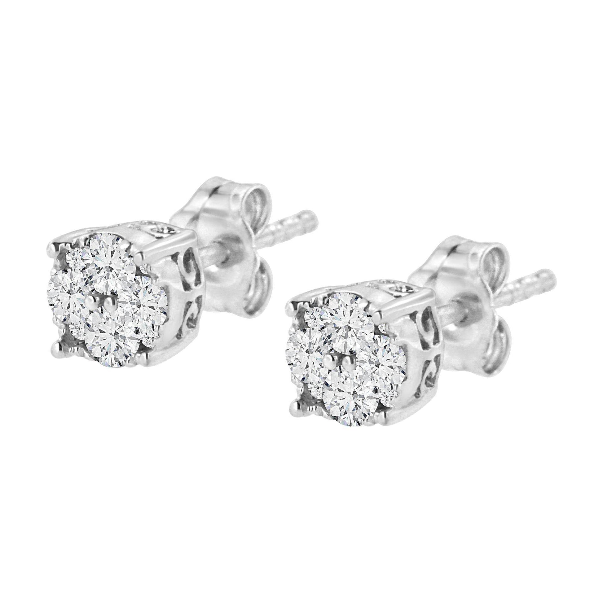 .925 Sterling Silver 1/2 cttw Prong Set Round-Cut Diamond Cluster Stud Earring (I-J Color, I2-I3 Clarity) - Bijoux-NYC Direct