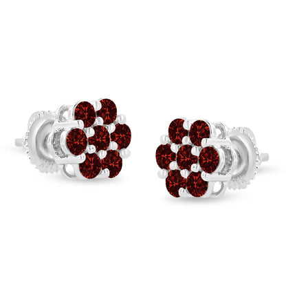 14K White Gold 1.0 Cttw Treated Red Diamond Prong Set 7 Stone Floral Stud Earrings (Treated Red Color, SI2-I1 Clarity) - Bijoux-NYC Direct