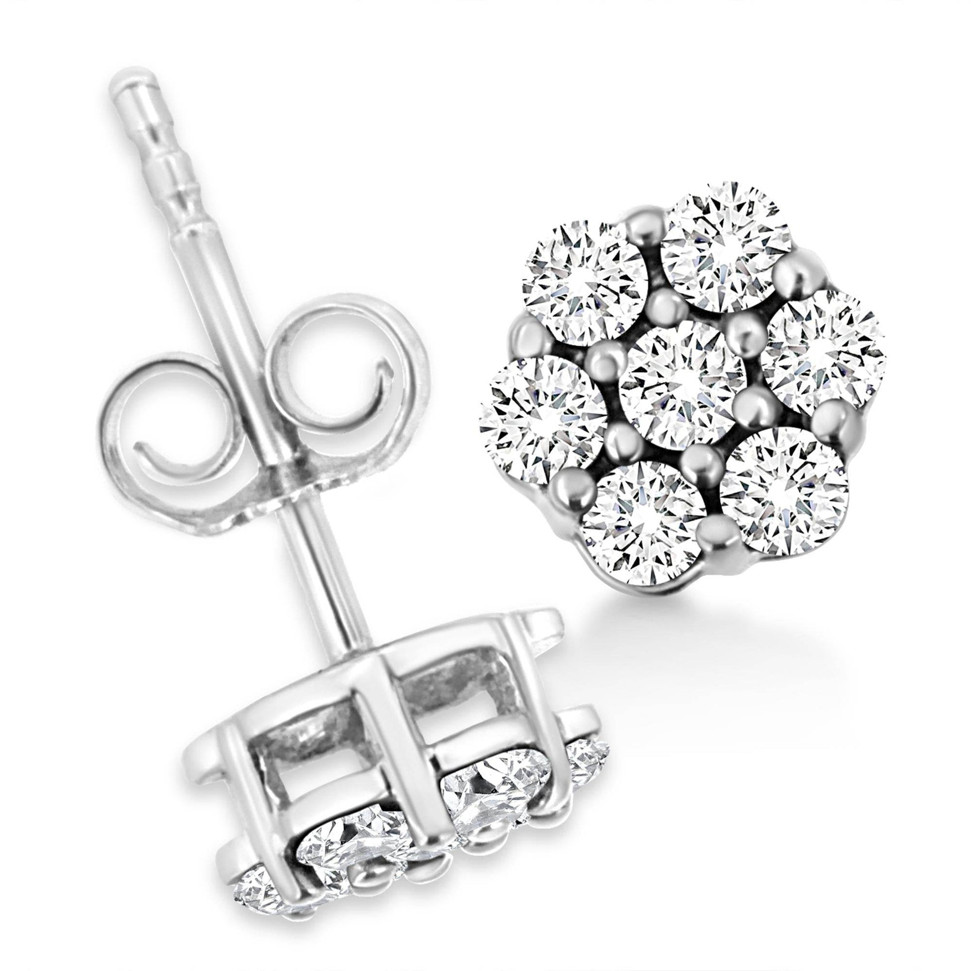 14K White Gold 1/2 Cttw Prong Set Round-Cut Diamond Flower Stud Earring (H-I Color, I1-I2 Clarity) - Bijoux-NYC Direct