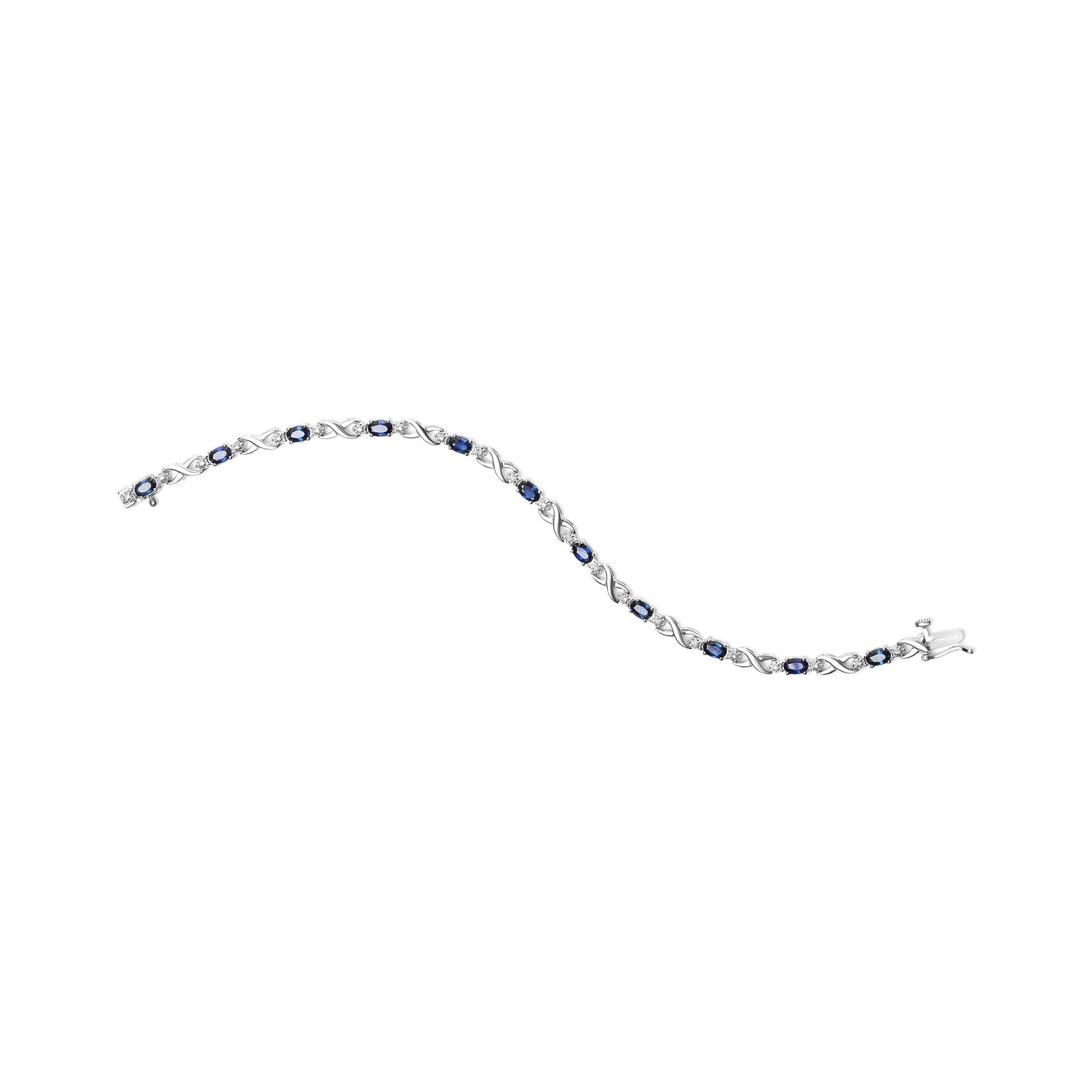 10K White Gold 5x4mm Oval Sapphire Gemstone and 1/10 Cttw Diamond Prong Set "X" Link Bracelet - Size 7" (H-I Color, SI1-SI2 Clarity) - Bijoux-NYC Direct