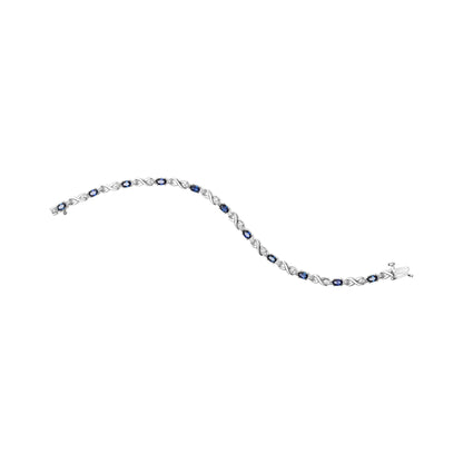 10K White Gold 5x4mm Oval Sapphire Gemstone and 1/10 Cttw Diamond Prong Set "X" Link Bracelet - Size 7" (H-I Color, SI1-SI2 Clarity) - Bijoux-NYC Direct
