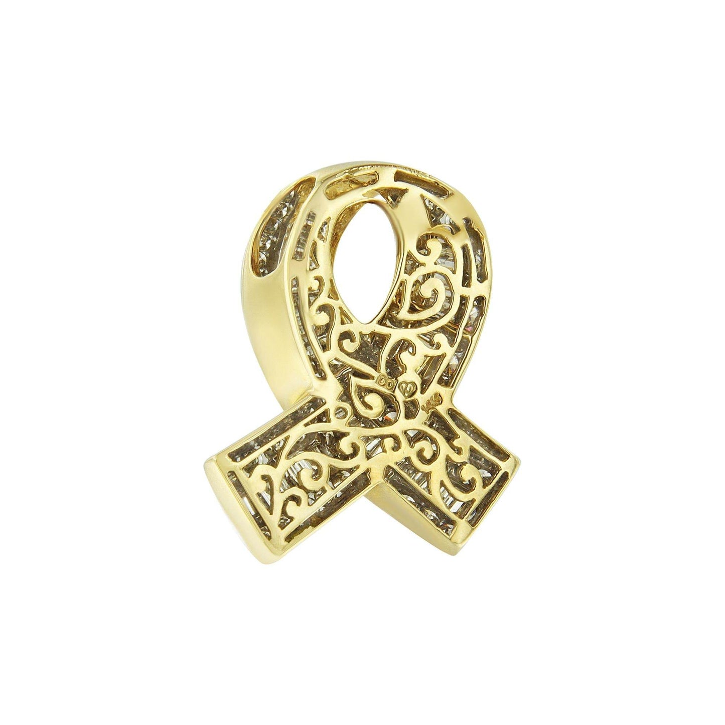 14K Yellow Gold 2 5/8 cttw Channel Set White Diamond Awareness Ribbon Pendant Necklace (G-H Color, VS1-VS2 Clarity) - NO CHAIN - Bijoux-NYC Direct