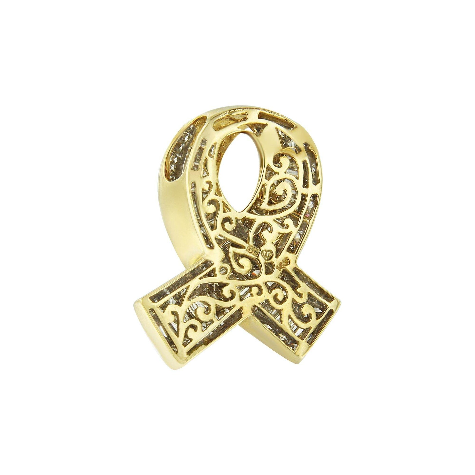 14K Yellow Gold 2 5/8 cttw Channel Set White Diamond Awareness Ribbon Pendant Necklace (G-H Color, VS1-VS2 Clarity) - NO CHAIN - Bijoux-NYC Direct