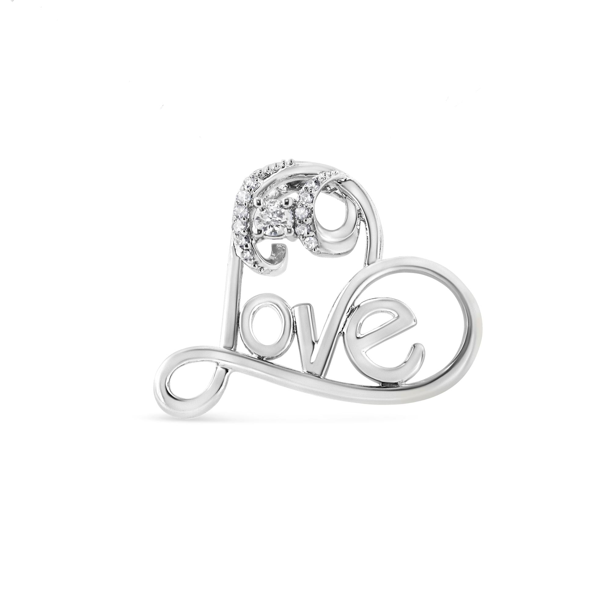 Silver 'love' charm with a heart design on a white background