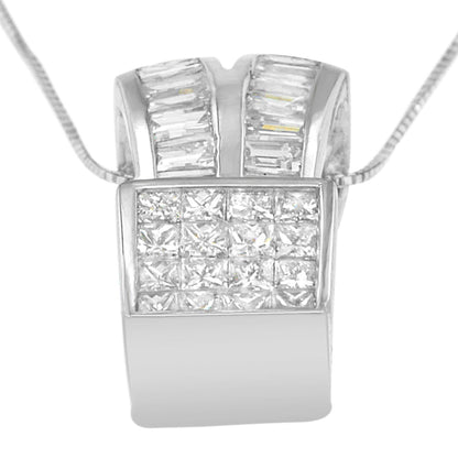 14K White Gold 1 5/8 cttw Princess and Baguette Cut Diamond Heart Ribbon Pendant Necklace (G-H, VS1-VS2) - Bijoux-NYC Direct