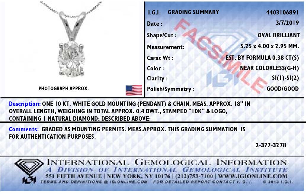 IGI certified diamond pendant with International Gemological Information (IGI) certification