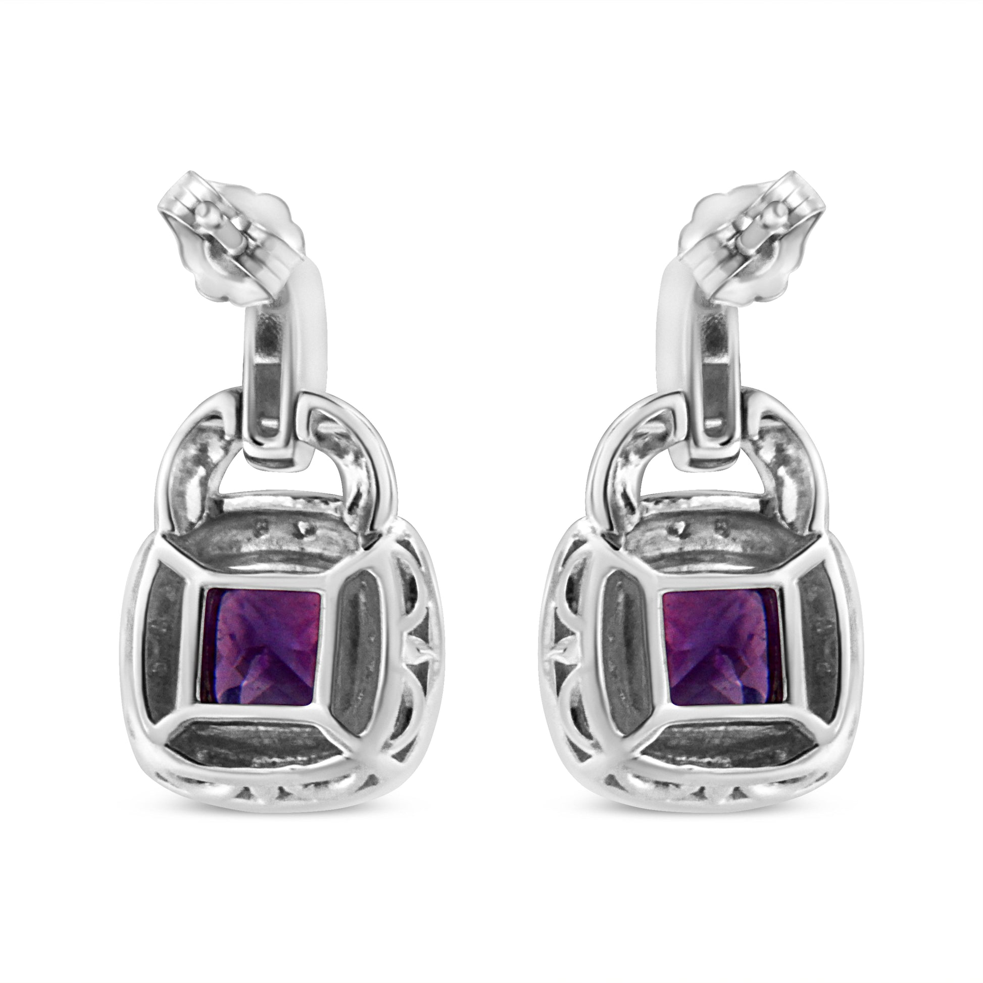 .925 Sterling Silver 8MM Natural Cushion Shaped Amethyst and Diamond Accent Halo with Push Back Dangle Earrings (I-J Color, I2-I3 Clarity) - Bijoux-NYC Direct