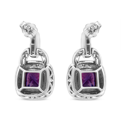 .925 Sterling Silver 8MM Natural Cushion Shaped Amethyst and Diamond Accent Halo with Push Back Dangle Earrings (I-J Color, I2-I3 Clarity) - Bijoux-NYC Direct