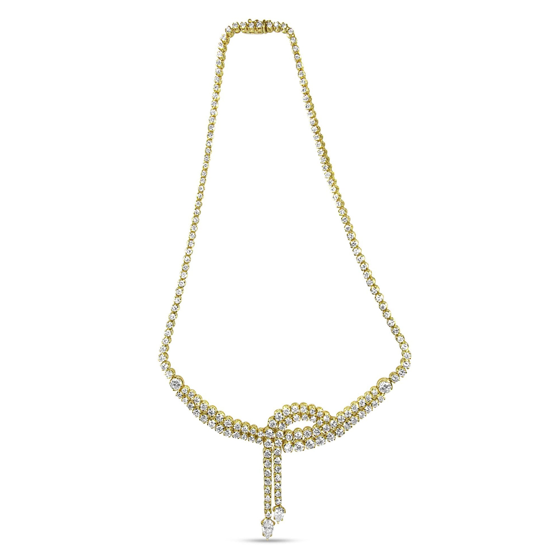 14k Yellow Gold 17.0 Cttw Diamond Double Row Lariat 18" Inch Tennis Necklace with Pear Shape Diamond Drop Tips (I-J Color, VS2-SI1 Clarity) - Bijoux-NYC Direct