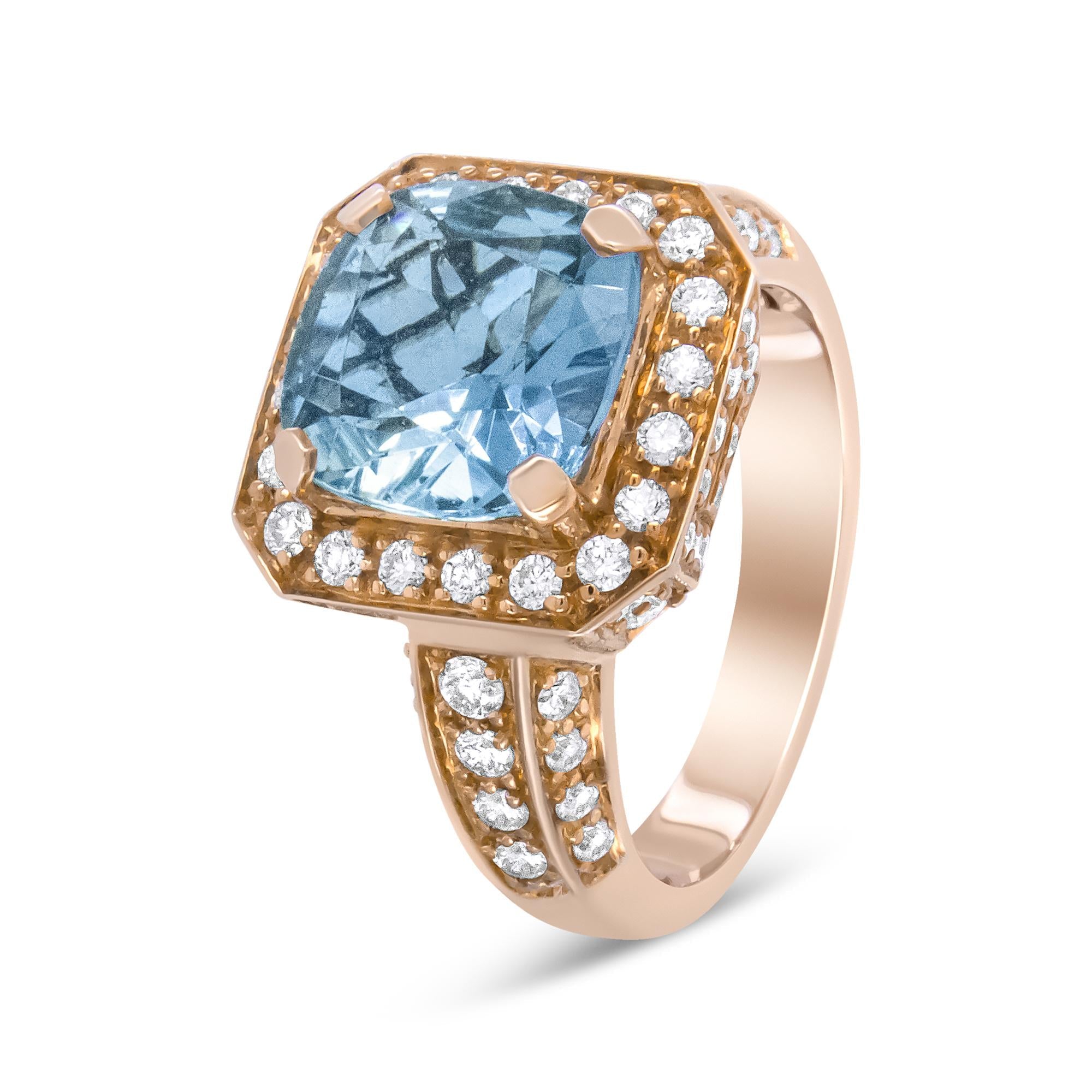 Rose gold ring with a large blue gemstone and smaller diamonds on a white background