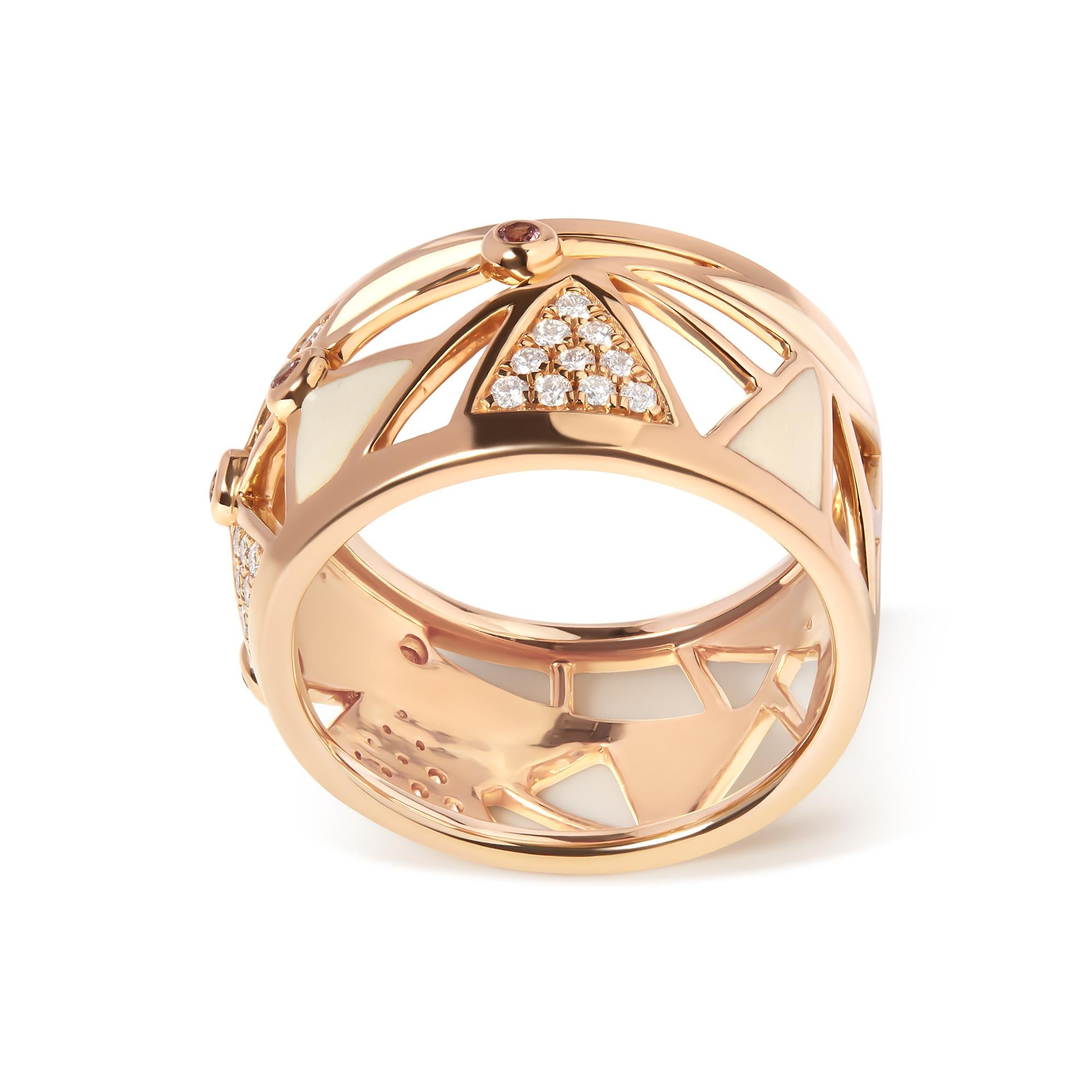 Rose gold ring with geometric design and small diamonds on a white background