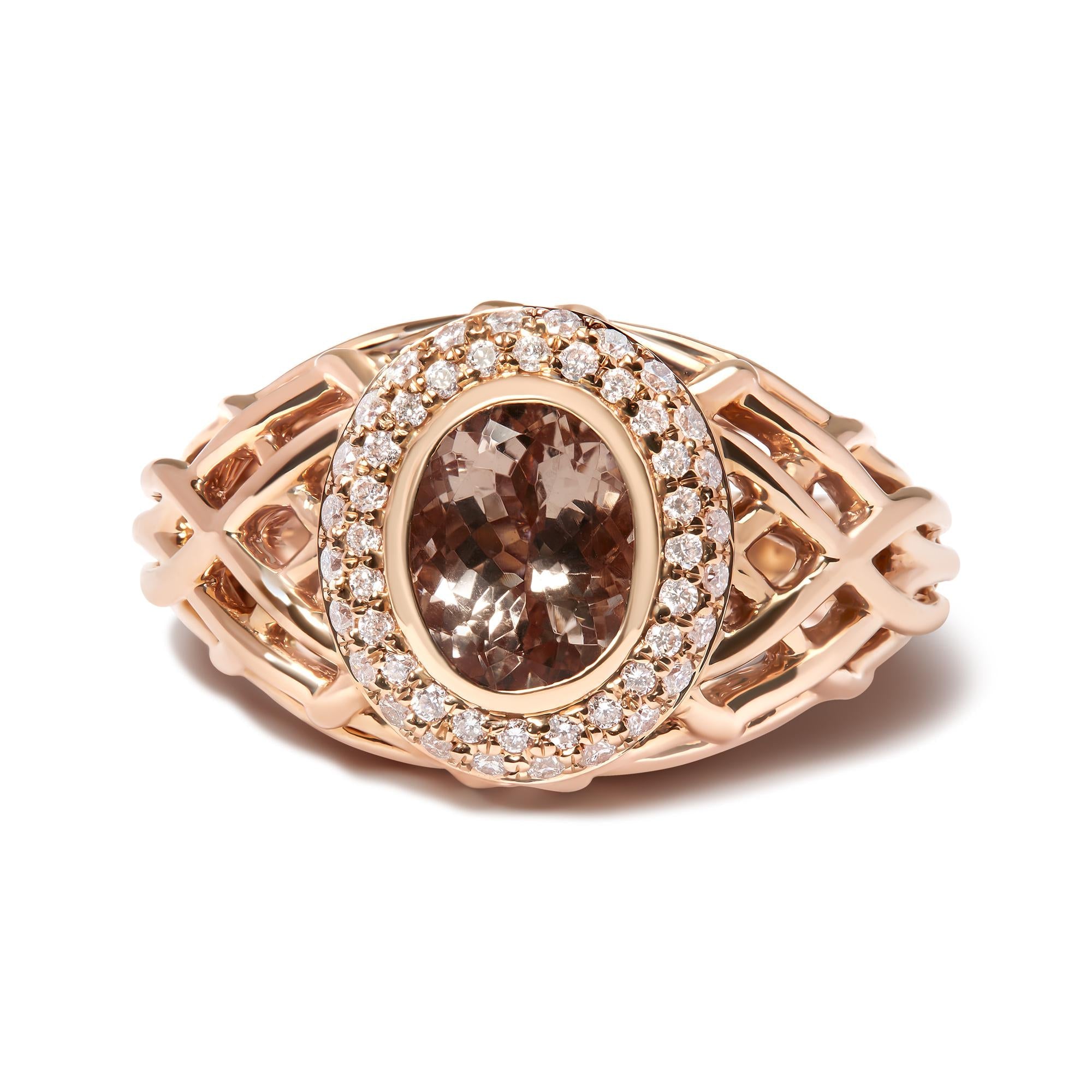 Rose gold ring with a brown gemstone and diamond accents on a white background