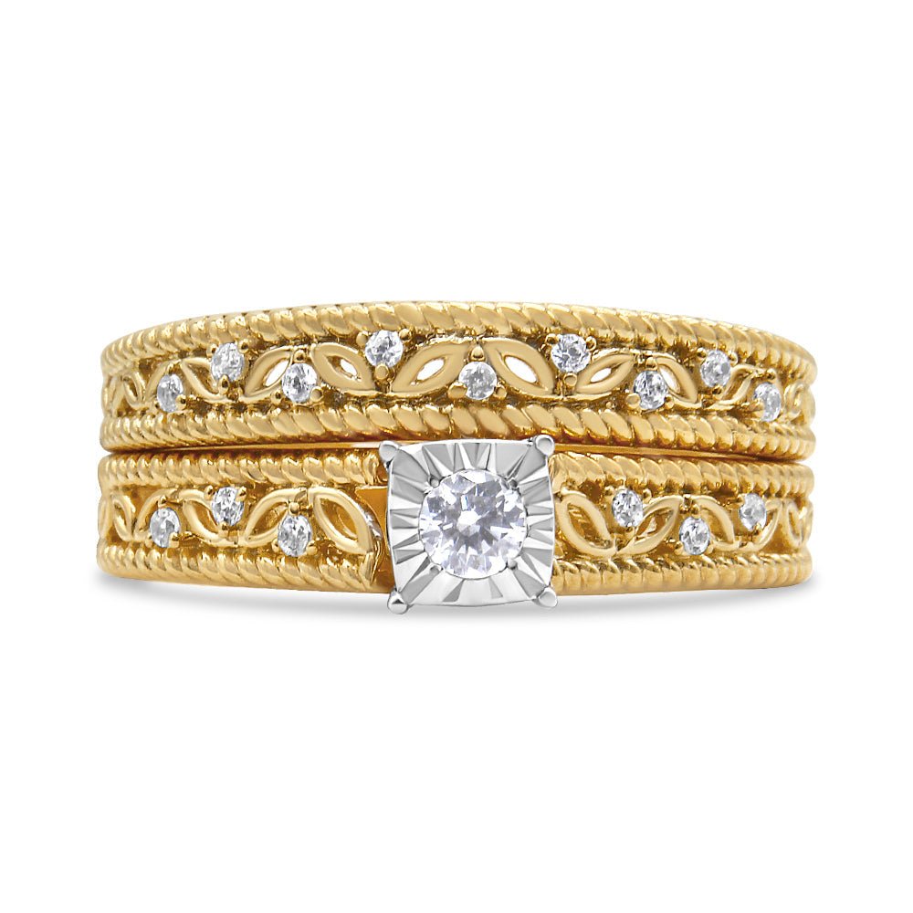 Gold wedding band with diamond accents on a white background