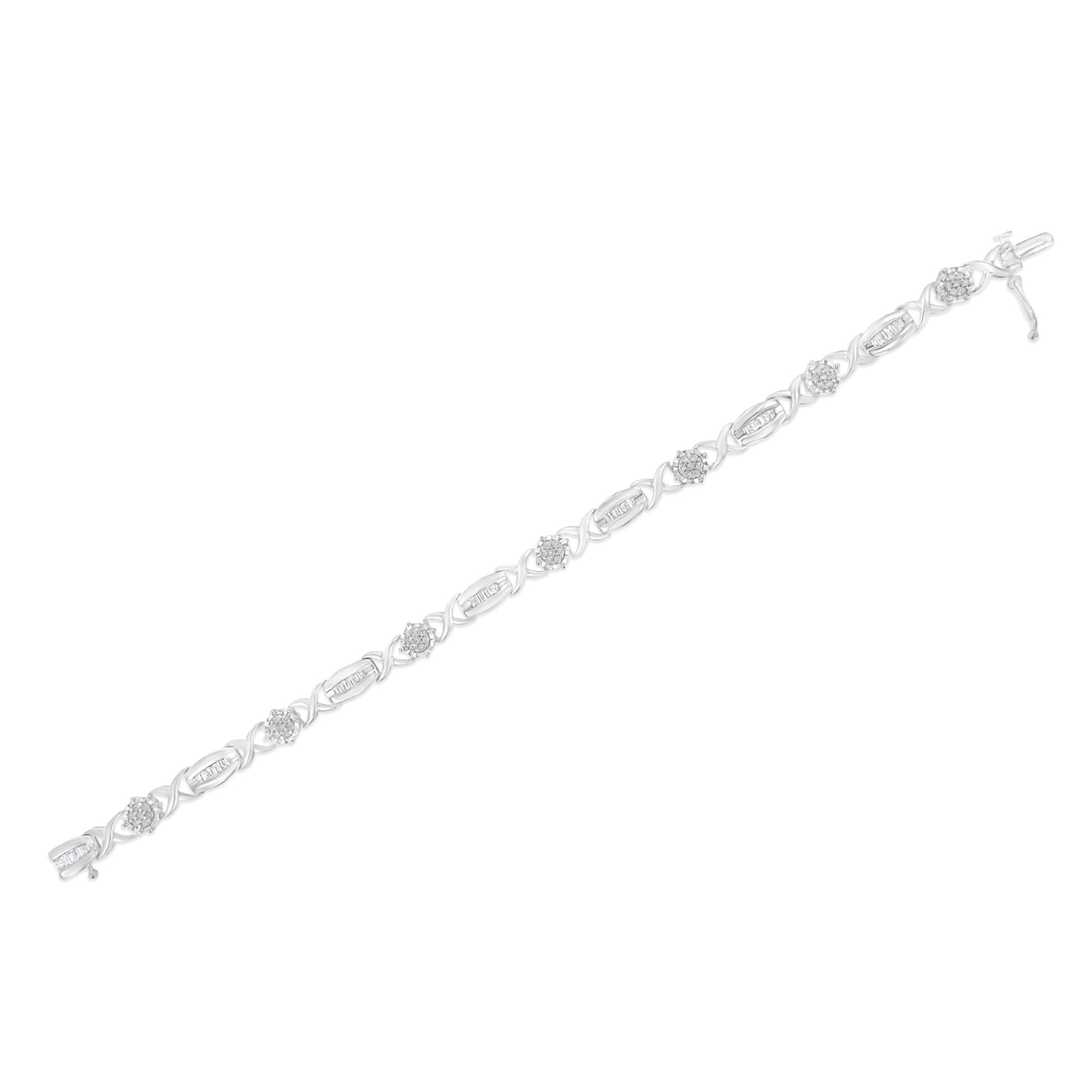 .925 Sterling Silver 1.0 Cttw Round-Cut and Baguette-Cut Diamond X-Link Bracelet (I-J Color, I1-I2 Clarity) - 7" - Bijoux-NYC Direct