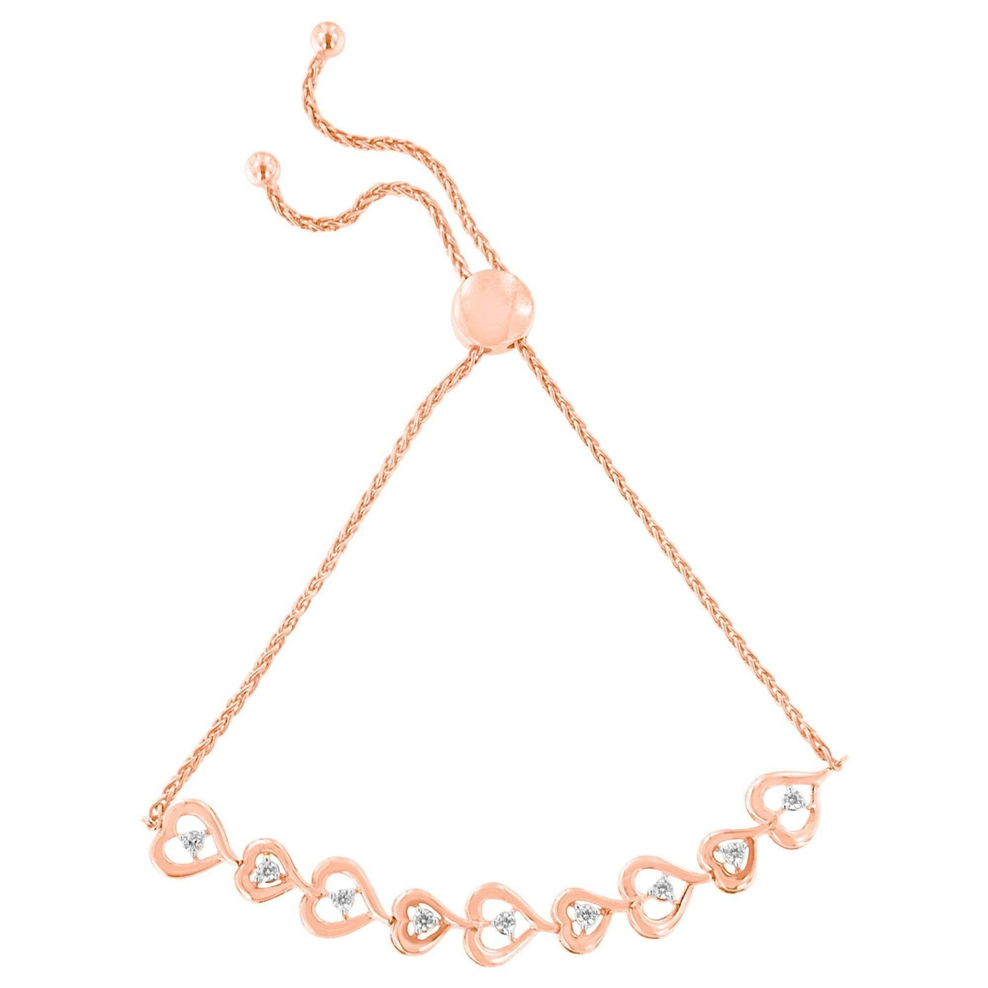 Rose Plated Sterling Silver Diamond Heart-Linked Bolo Bracelet (0.30 cttw, H-I Color, I2-I3 Clarity) - Bijoux-NYC Direct