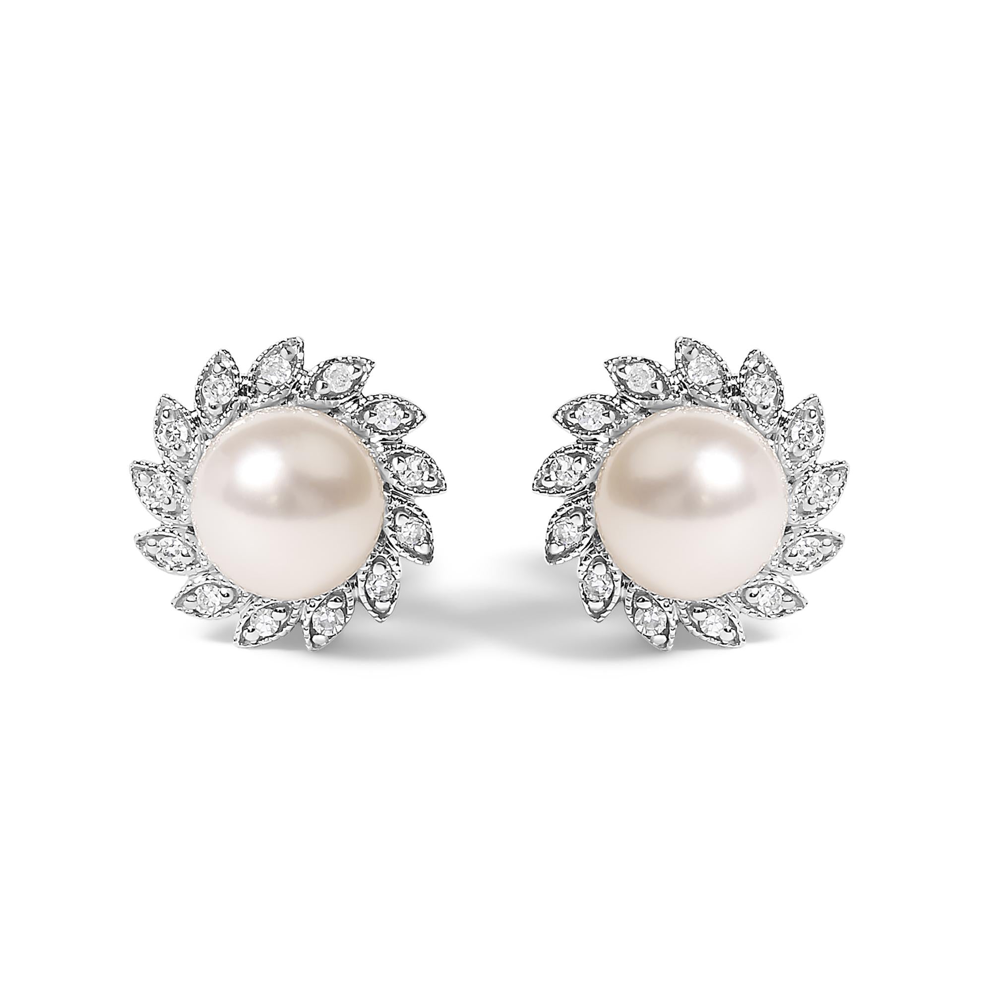 10K White Gold Heirloom-Style Pearl and Diamond Accent Halo Stud Earrings (I-J color, I1-I2 Clarity)