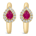 10K Yellow Gold Pear Cut Red Ruby 4x3 mm and 1/10 Cttw Round Diamond Huggy Earrings (I-J Color, I1-I2 Clarity)
