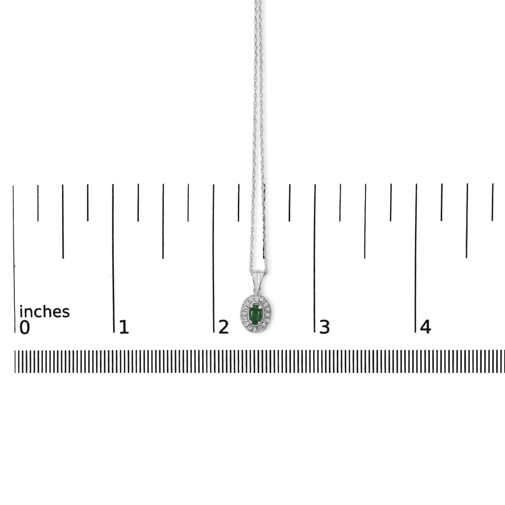 14K White Gold Oval Green Emerald and Diamond Halo Pendant Necklace - 18" Inches