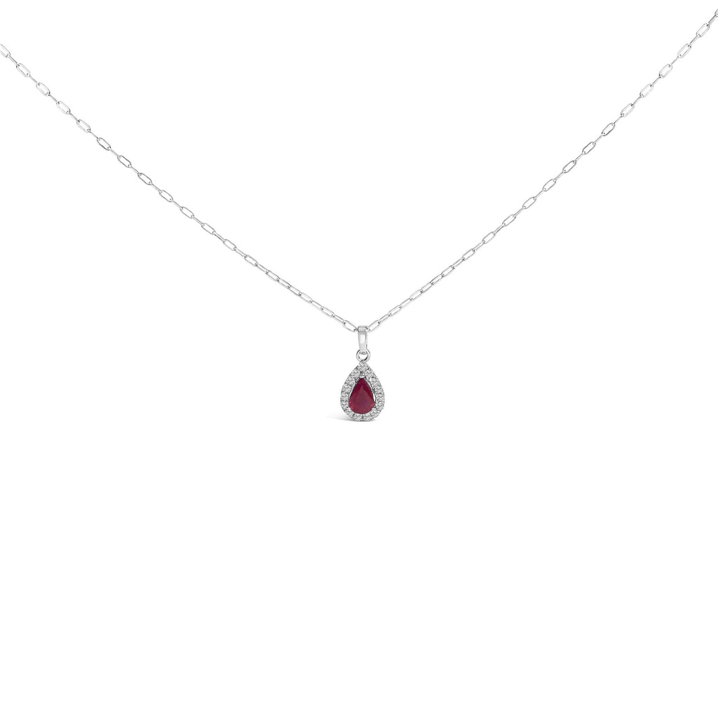 14K White Gold 6x4 Pear Red Ruby and Diamond Halo Pendant Necklace - 18" Inches