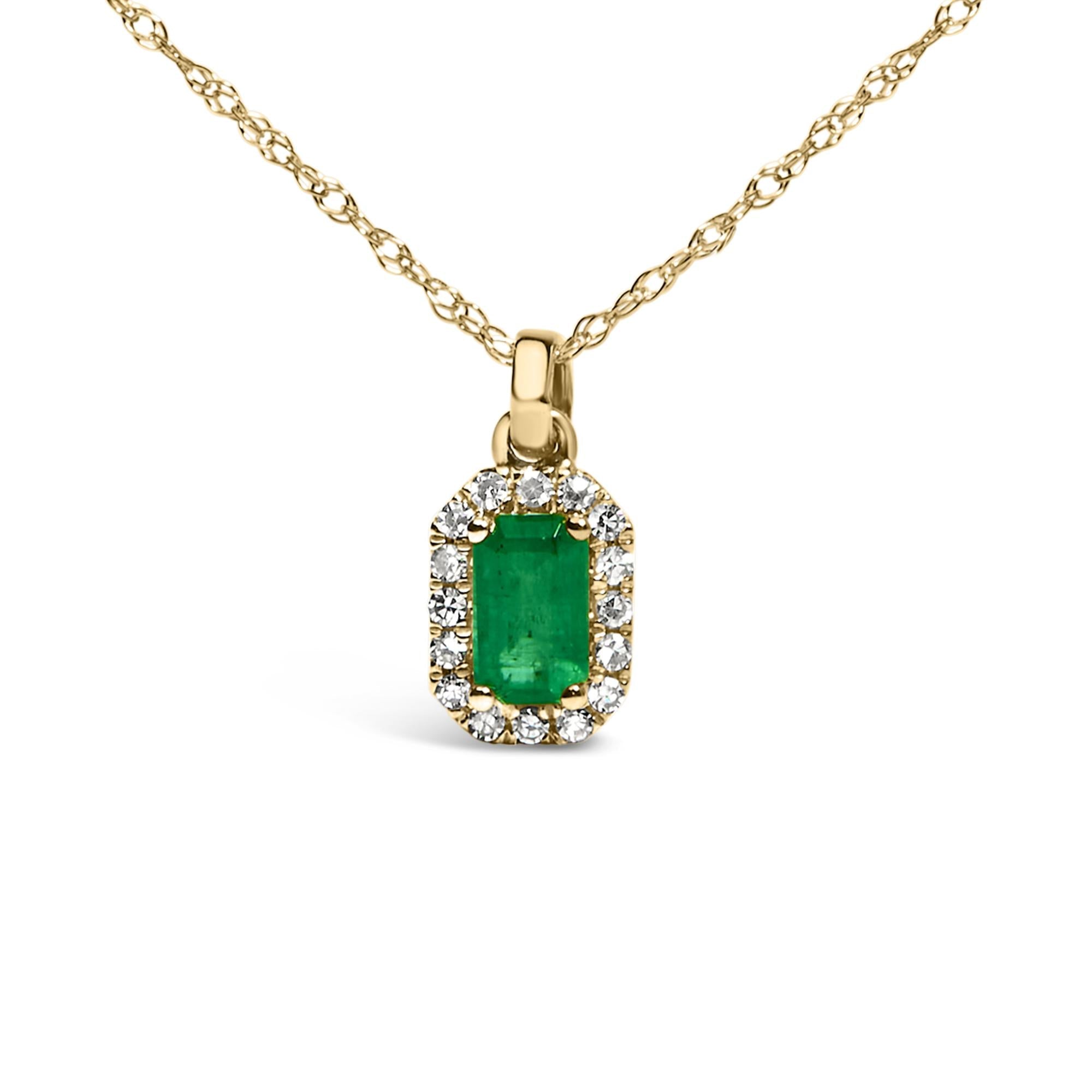 10K Yellow Gold 5x3mm Green Emerald and Diamond Accent Halo Octagonal Shape 18" Pendant Necklace (I-J Color, I1-I2 Clarity)
