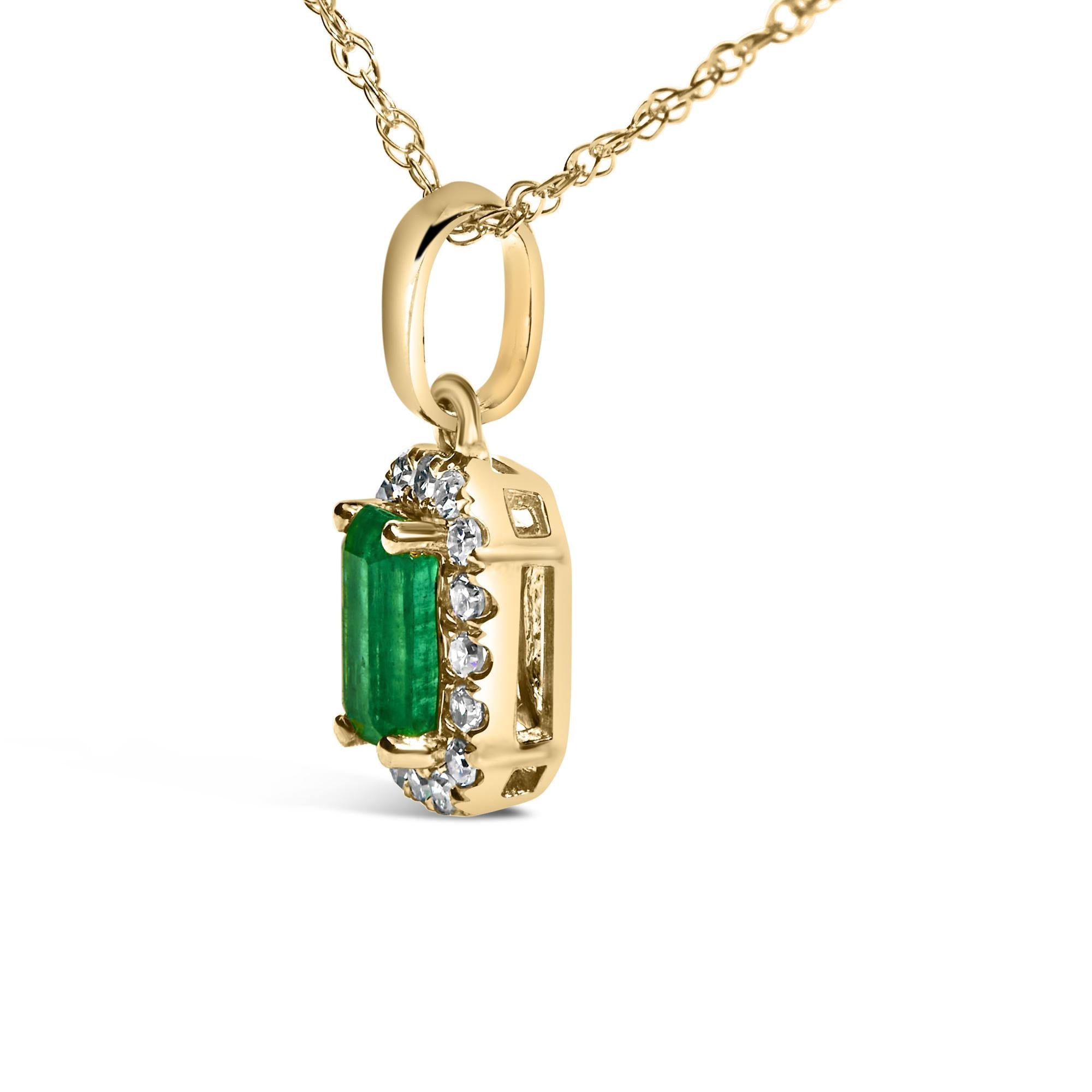 10K Yellow Gold 5x3mm Green Emerald and Diamond Accent Halo Octagonal Shape 18" Pendant Necklace (I-J Color, I1-I2 Clarity)