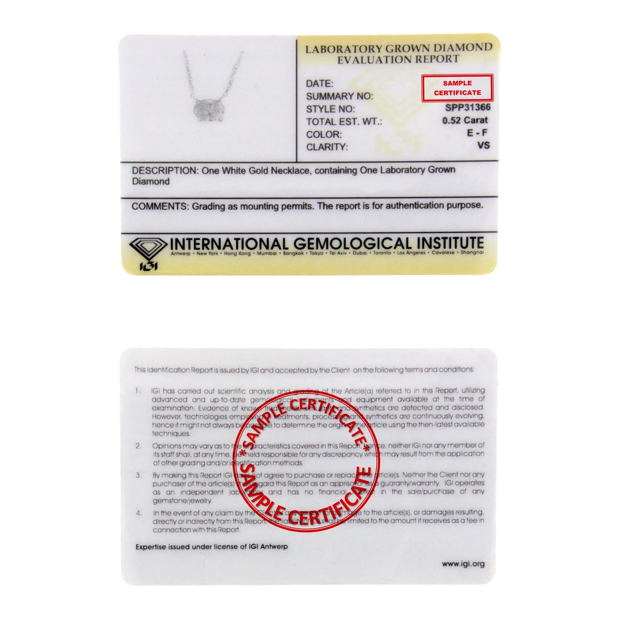 Diamond necklace with International Gemological Institute (IGI) certification on a white background