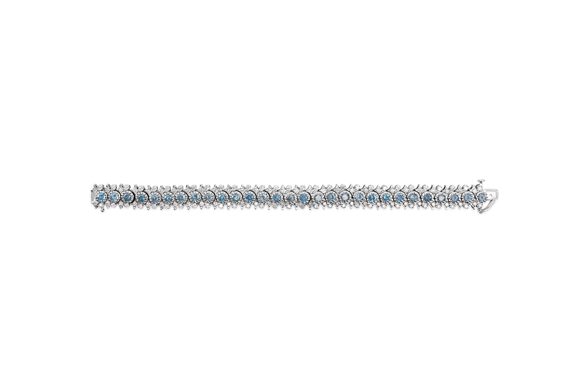 14K White Gold 10.0 Cttw Blue and White Diamond Vintage-Inspired Floral Cluster Link 7" Bracelet (H-I Color, SI2-I1