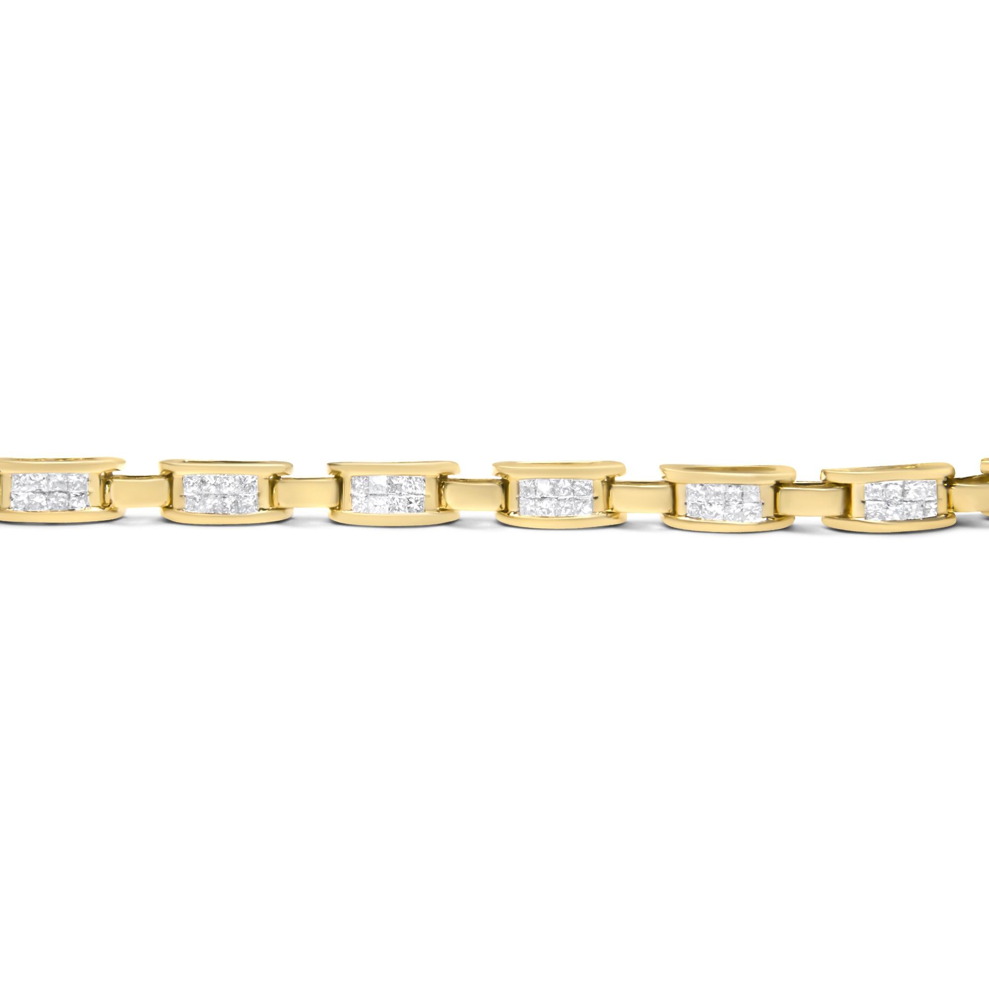 10K Yellow Gold 2.0 Cttw Invisible-Set Princess Cut Diamond Rectangular Link Bracelet (I-J Color, SI2-I1 Clarity) - 7"