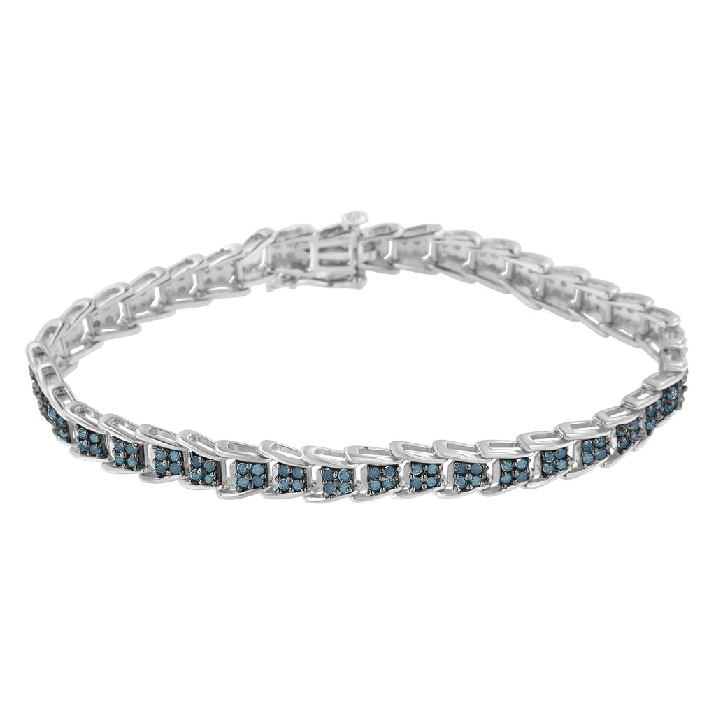 .925 Sterling Silver 2 cttw Treated Blue Diamond Fan-Shaped Nested Link 7" Tennis Bracelet (Blue Color, I3 Clarity) - Size 7"