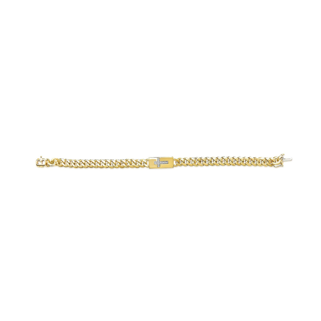 14K Yellow Gold Plated .925 Sterling Silver Diamond Accent Inlaid Cross Cuban Link Bracelet (I-J Color, I3 Clarity)-  7.25"