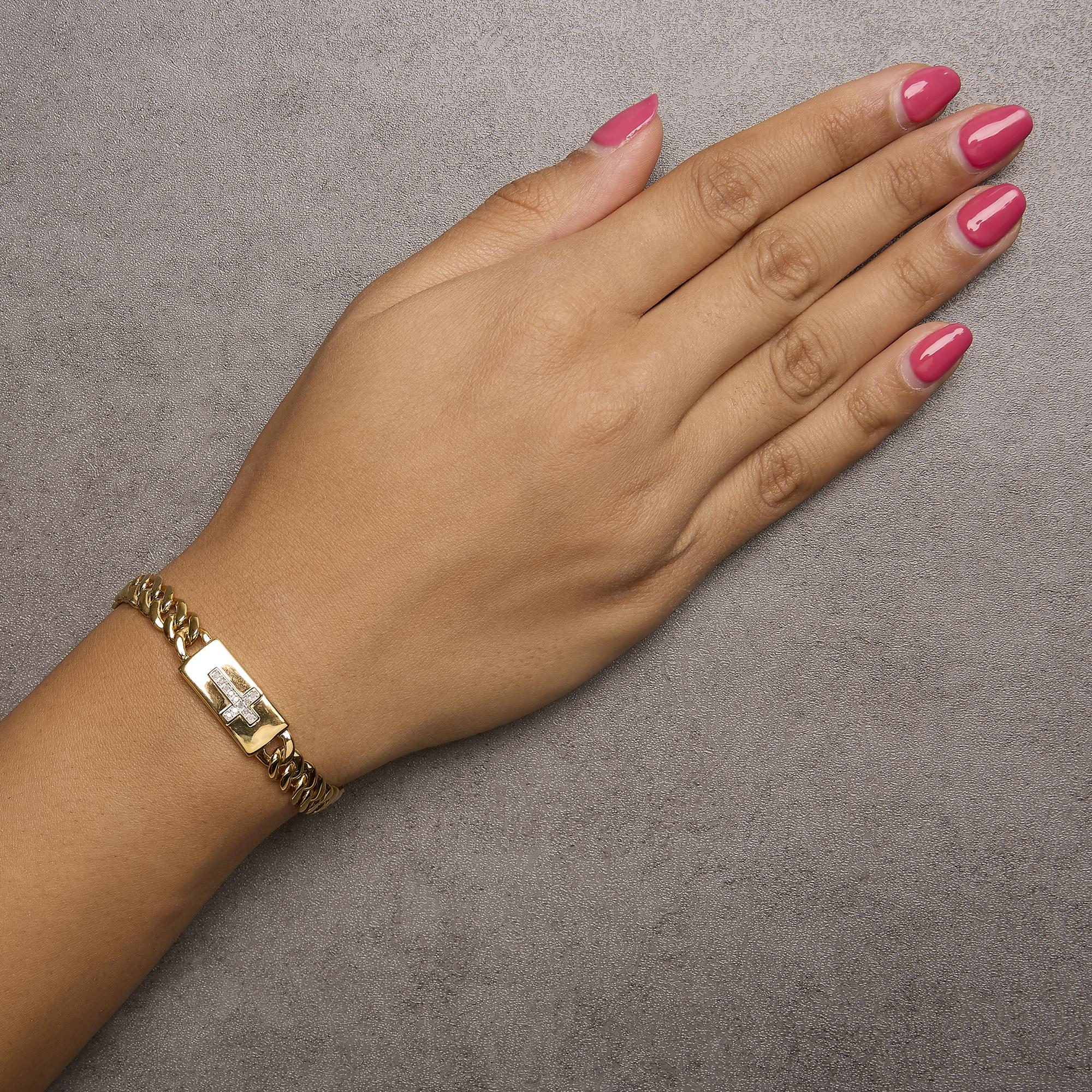 14K Yellow Gold Plated .925 Sterling Silver Diamond Accent Inlaid Cross Cuban Link Bracelet (I-J Color, I3 Clarity)-  7.25"