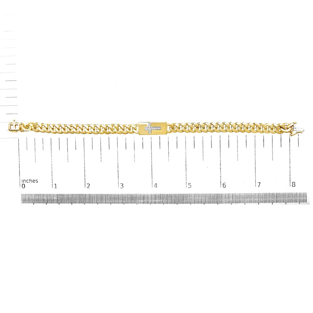 14K Yellow Gold Plated .925 Sterling Silver Diamond Accent Inlaid Cross Cuban Link Bracelet (I-J Color, I3 Clarity)-  7.25"