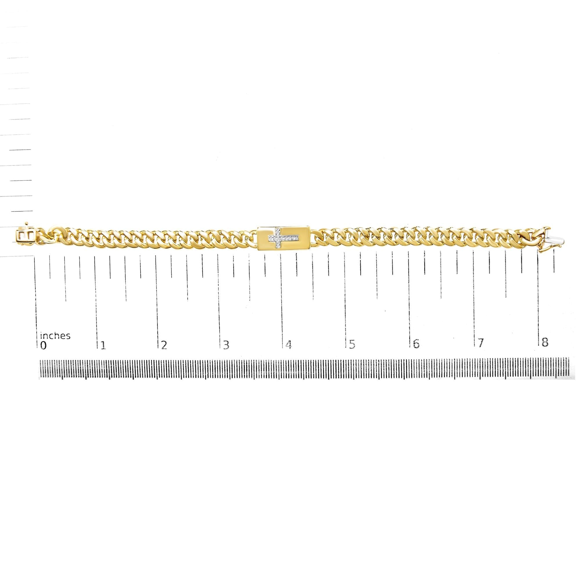 14K Yellow Gold Plated .925 Sterling Silver Diamond Accent Inlaid Cross Cuban Link Bracelet (I-J Color, I3 Clarity)-  7.25"